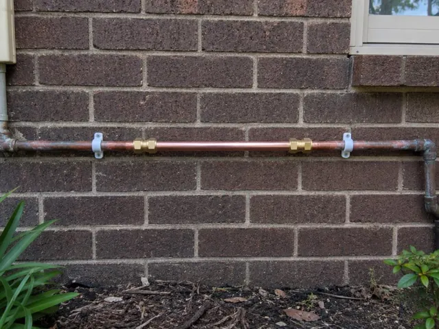 Repaired copper water pipe on a brick house wall, with fittings and brackets, in Heatherbrae